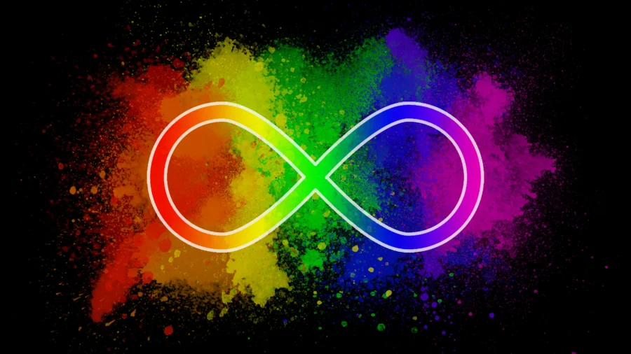 Rainbow infinity symbol with artistic paint splatter. 