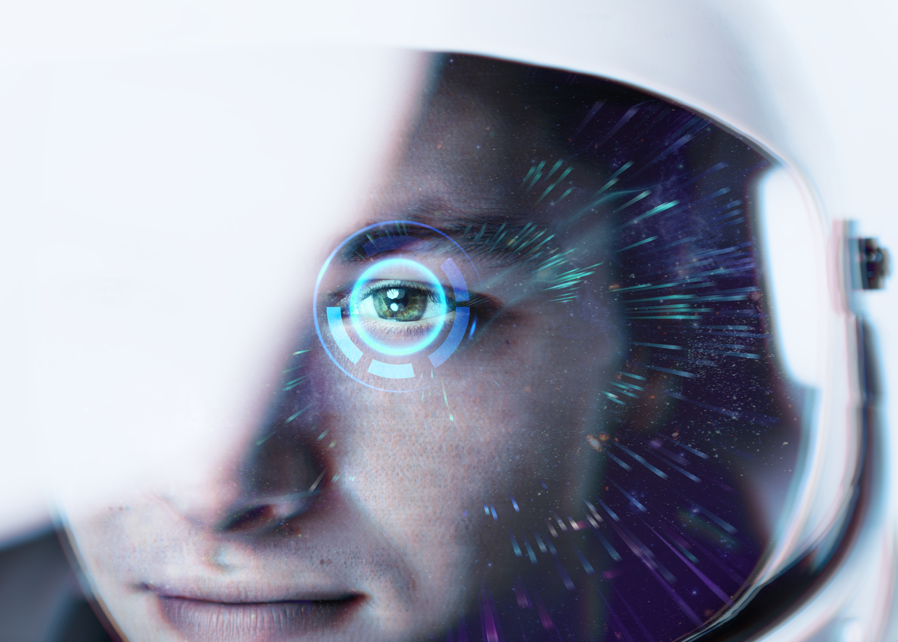 Image of a person wearing a helmet with a circle projected to their eye.